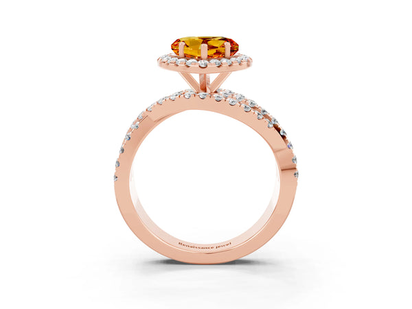 Rose gold Heart Cut Citrine Halo Ring with Round Split Shank and Prong Setting