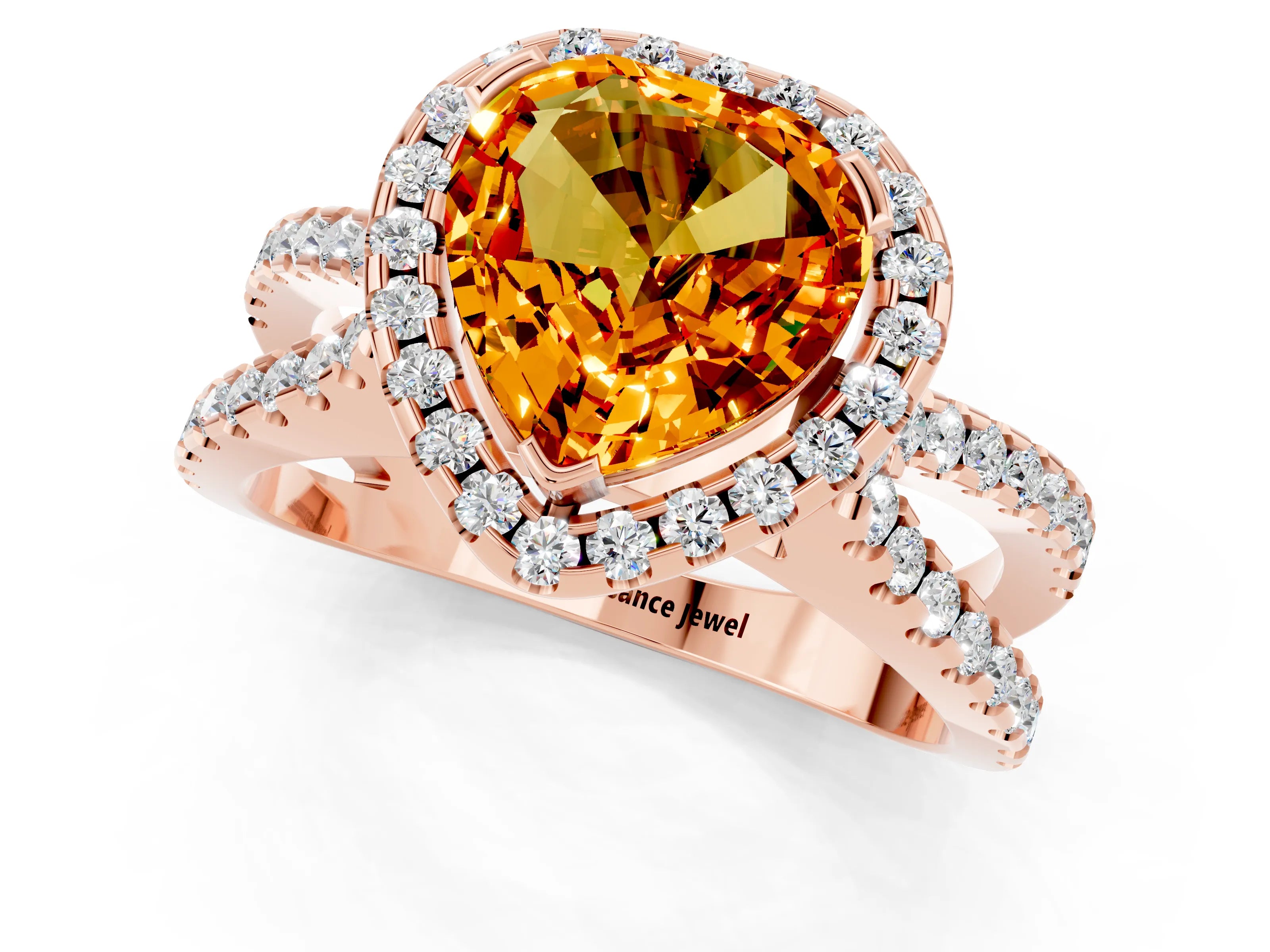 Rose gold Heart Cut Citrine Halo Ring with Split Shank Pavé Band and Prong Setting_1