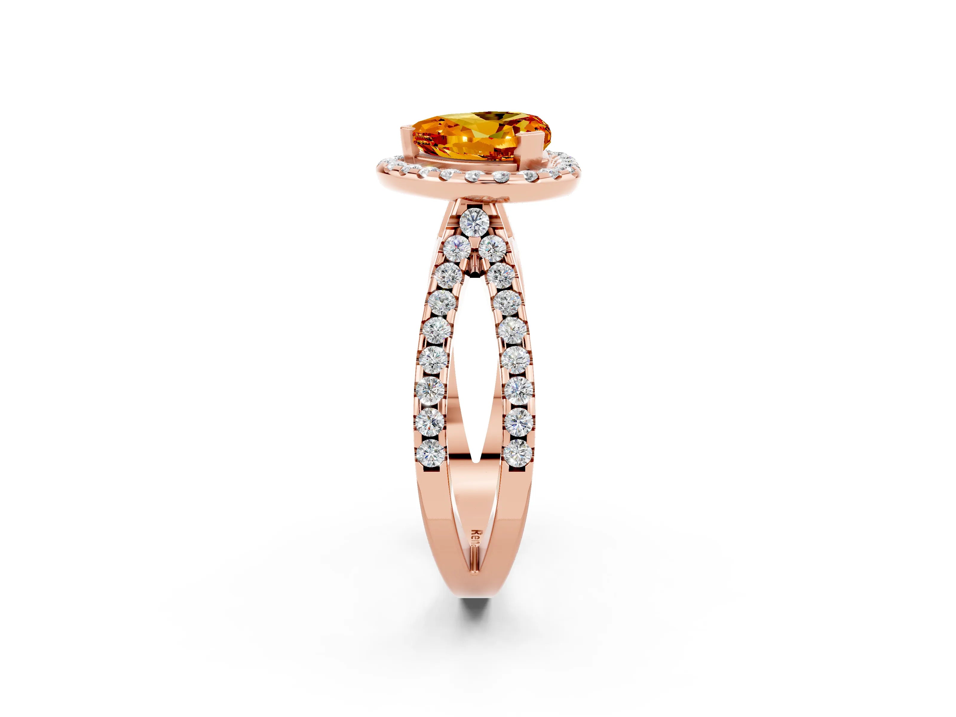 Rose gold Heart Cut Citrine Halo Ring with Split Shank Pavé Band and Prong Setting_2