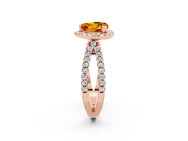 Rose gold Heart Cut Citrine Halo Ring with Split Shank Pavé Band and Prong Setting
