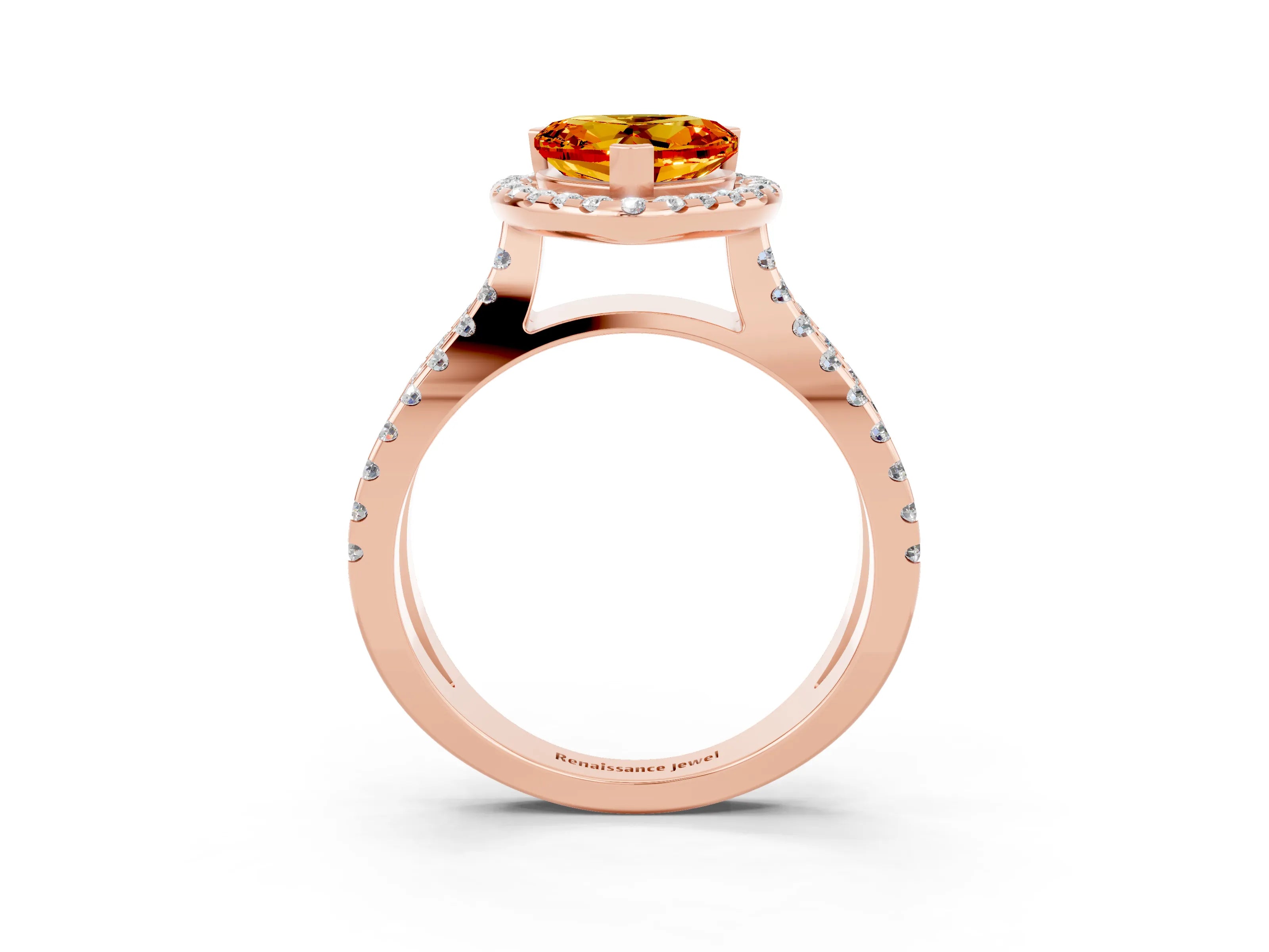 Rose gold Heart Cut Citrine Halo Ring with Split Shank Pavé Band and Prong Setting_3
