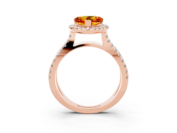 Rose gold Heart Cut Citrine Halo Ring with Split Shank Pavé Band and Prong Setting