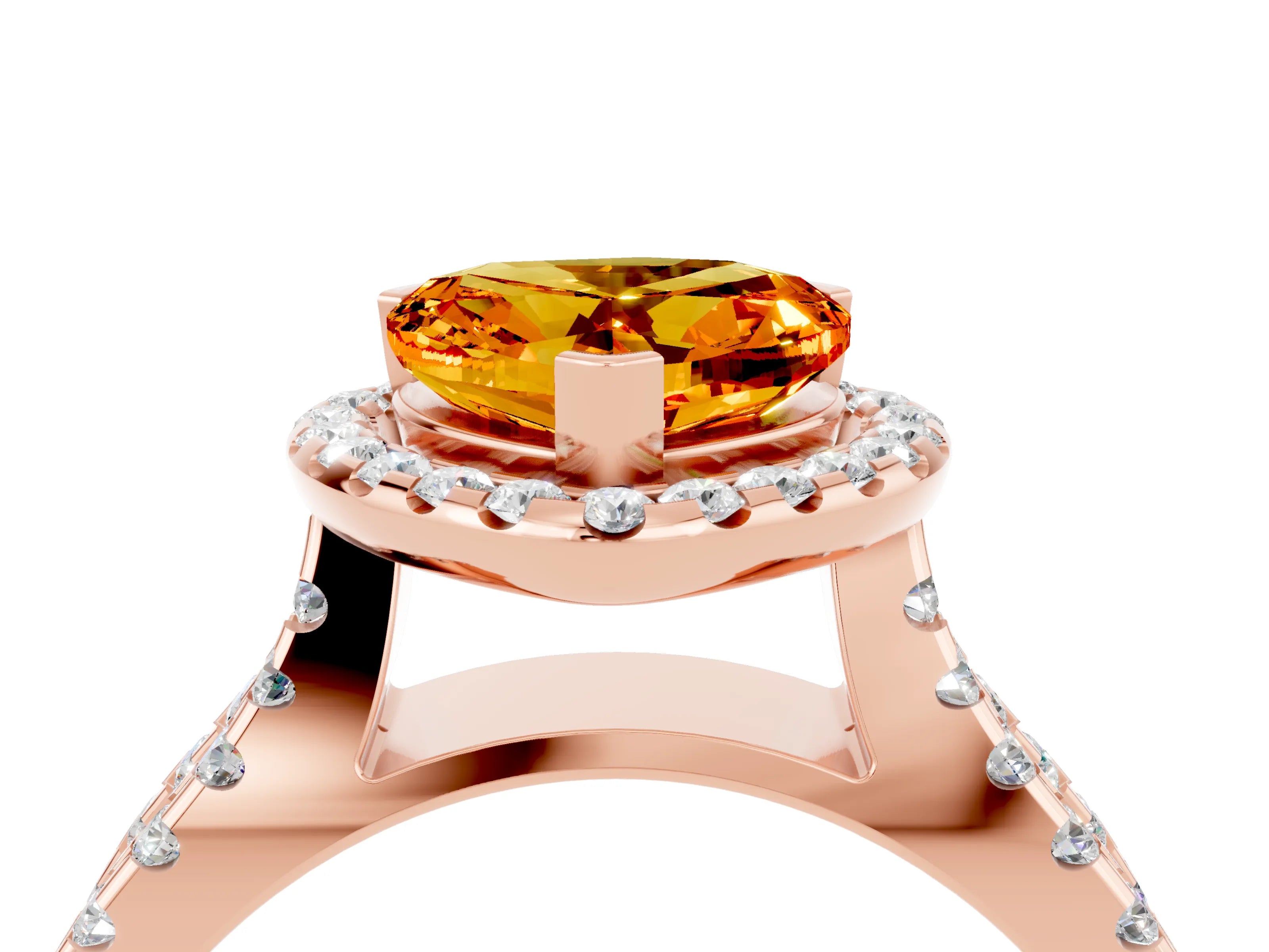 Rose gold Heart Cut Citrine Halo Ring with Split Shank Pavé Band and Prong Setting_4