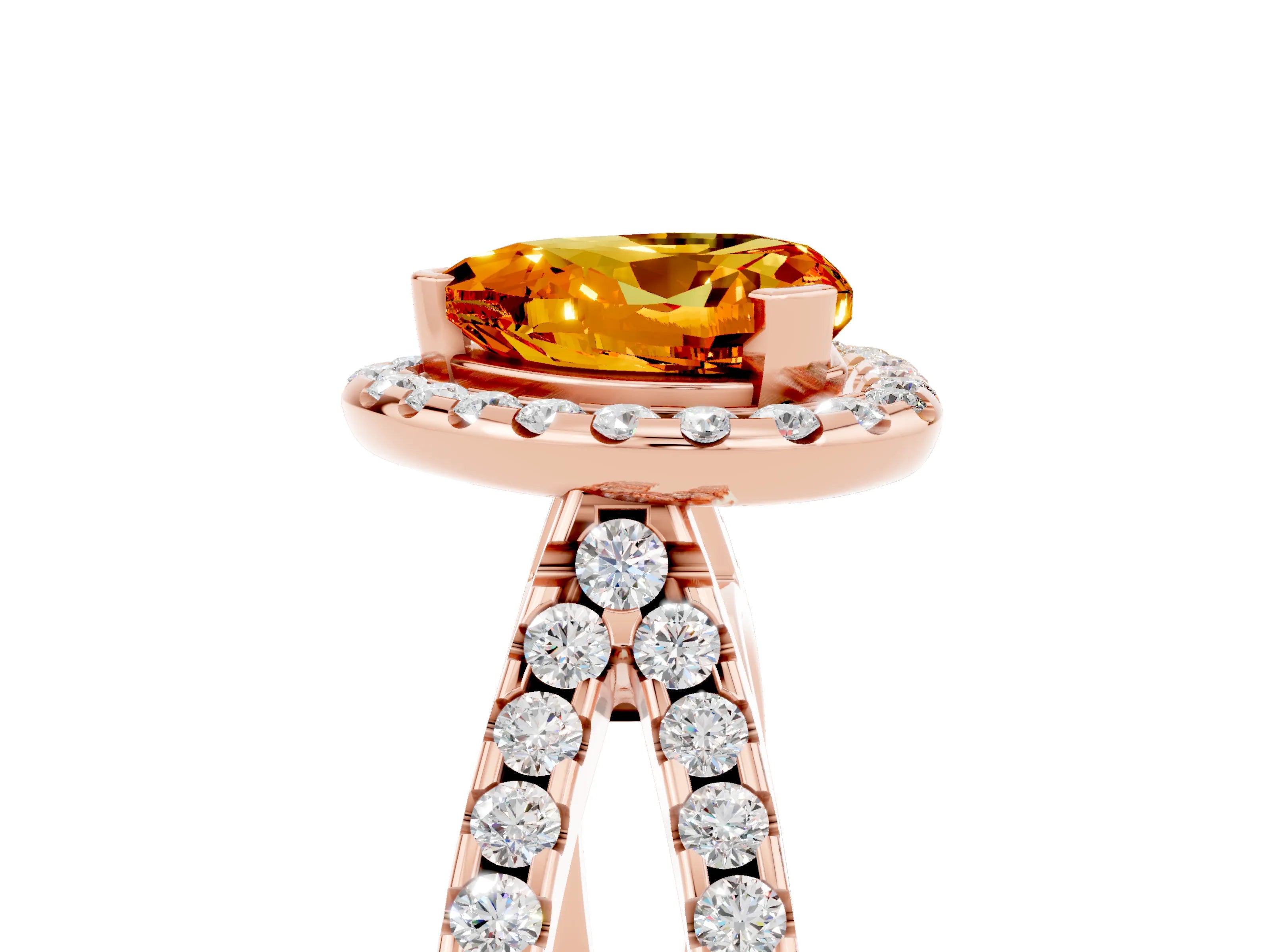 Rose gold Heart Cut Citrine Halo Ring with Split Shank Pavé Band and Prong Setting_5