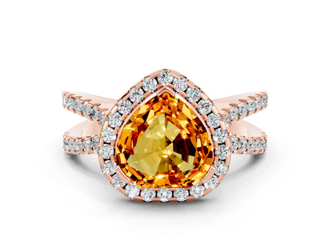 Rose gold Heart Cut Citrine Halo Ring with Split Shank Pavé Band and Prong Setting