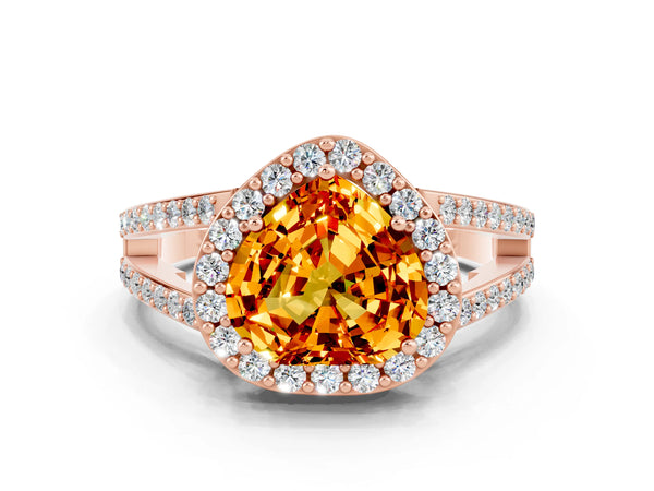 Rose gold Heart Cut Citrine Halo Ring with Split Shank U-Prong Band and Four-Prong Setting