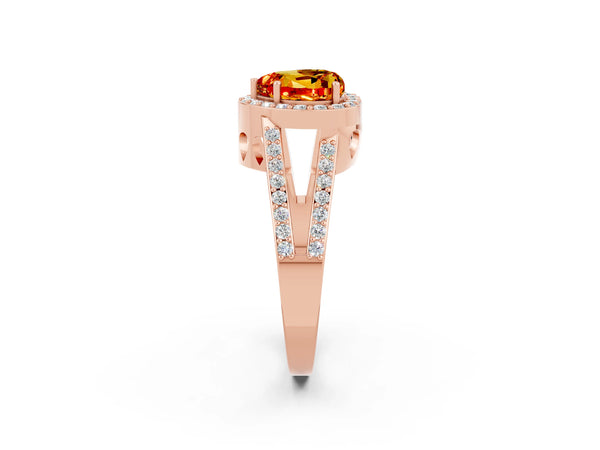 Rose gold Heart Cut Citrine Halo Ring with Split Shank U-Prong Band and Four-Prong Setting