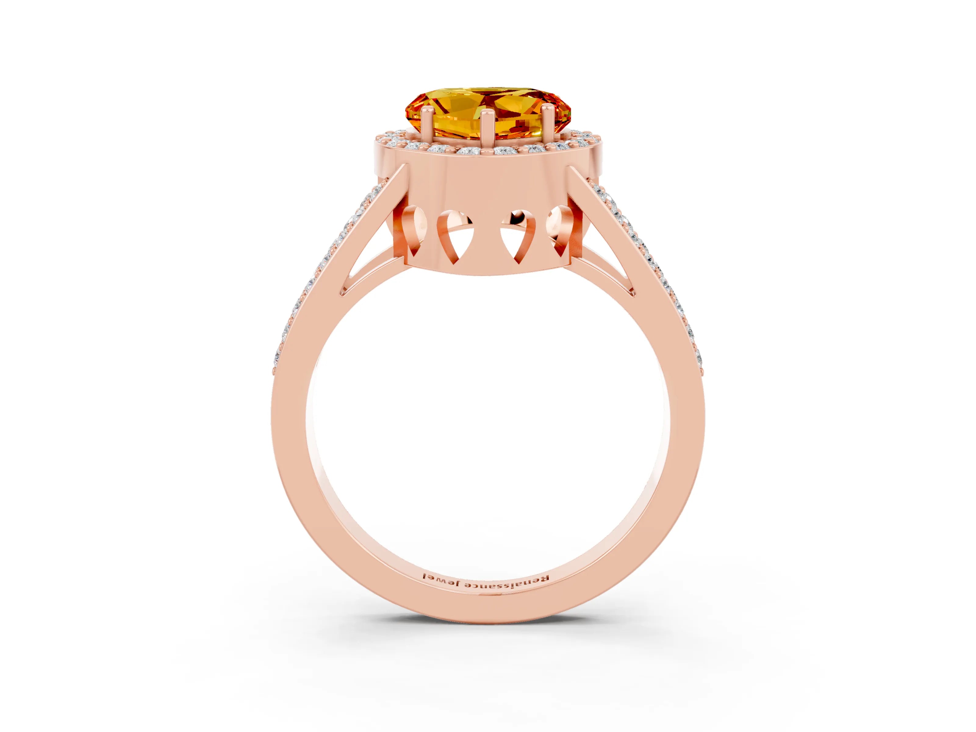 Rose gold Heart Cut Citrine Halo Ring with Split Shank U-Prong Band and Four-Prong Setting_3