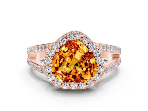 Rose gold Heart Cut Citrine Halo Ring with Split Shank U-Prong Band and Four-Prong Setting
