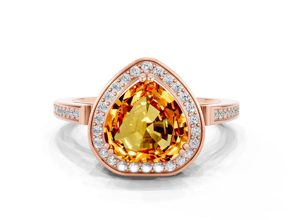 Rose gold Heart Cut Citrine Halo Ring with Split Shank and Four-Prong Setting