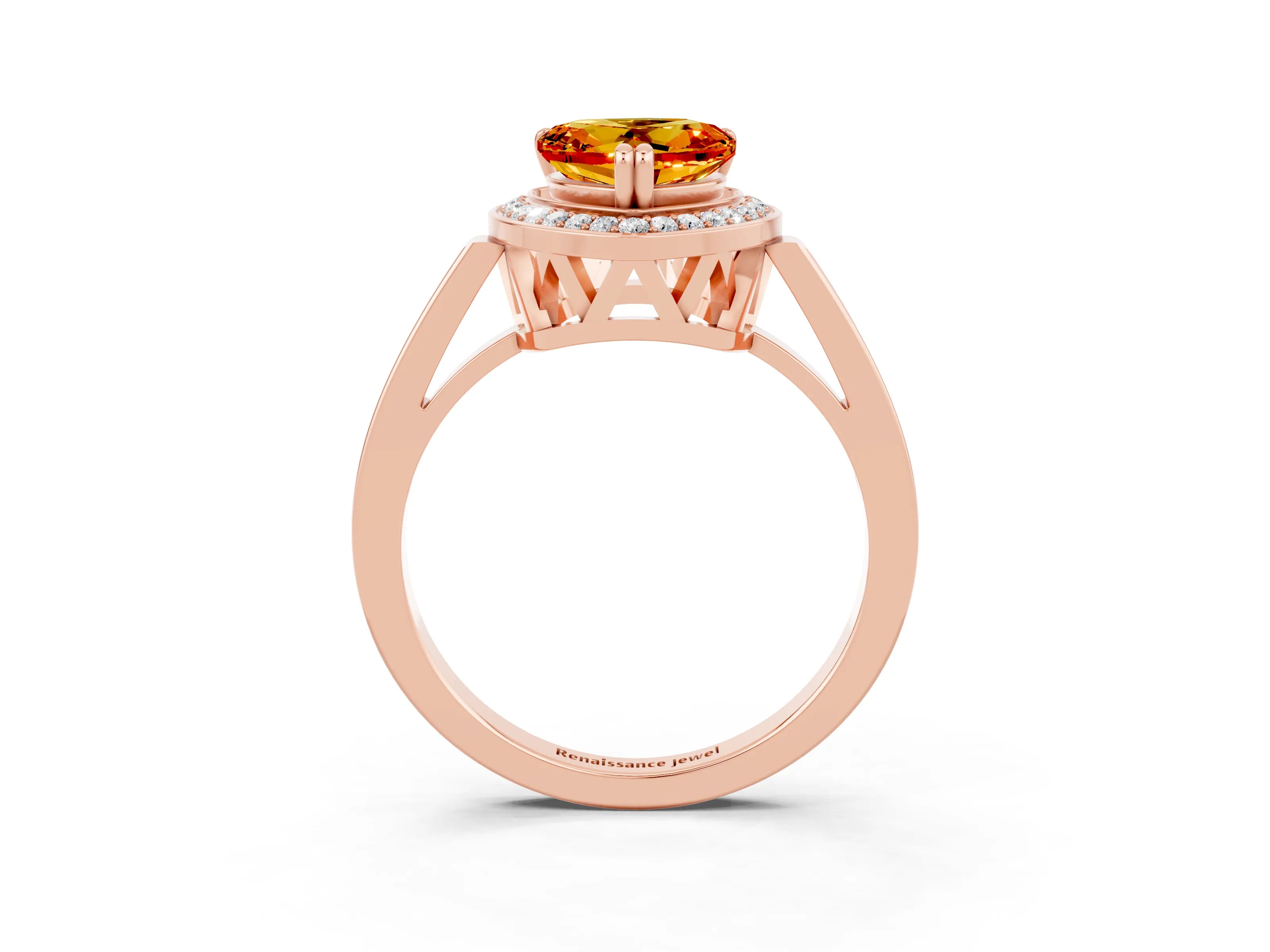 Rose gold Heart Cut Citrine Halo Ring with Split Shank and Four-Prong Setting_3