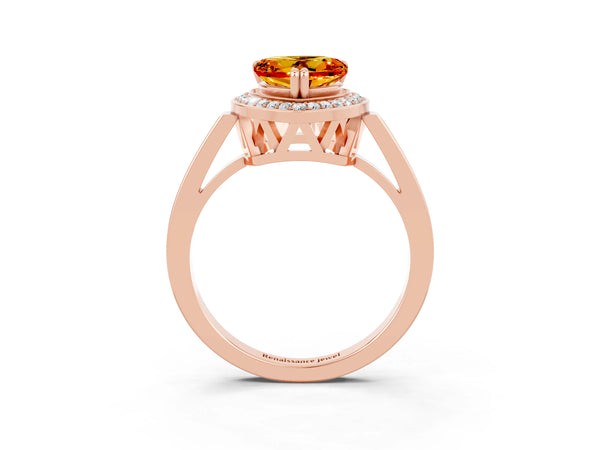 Rose gold Heart Cut Citrine Halo Ring with Split Shank and Four-Prong Setting