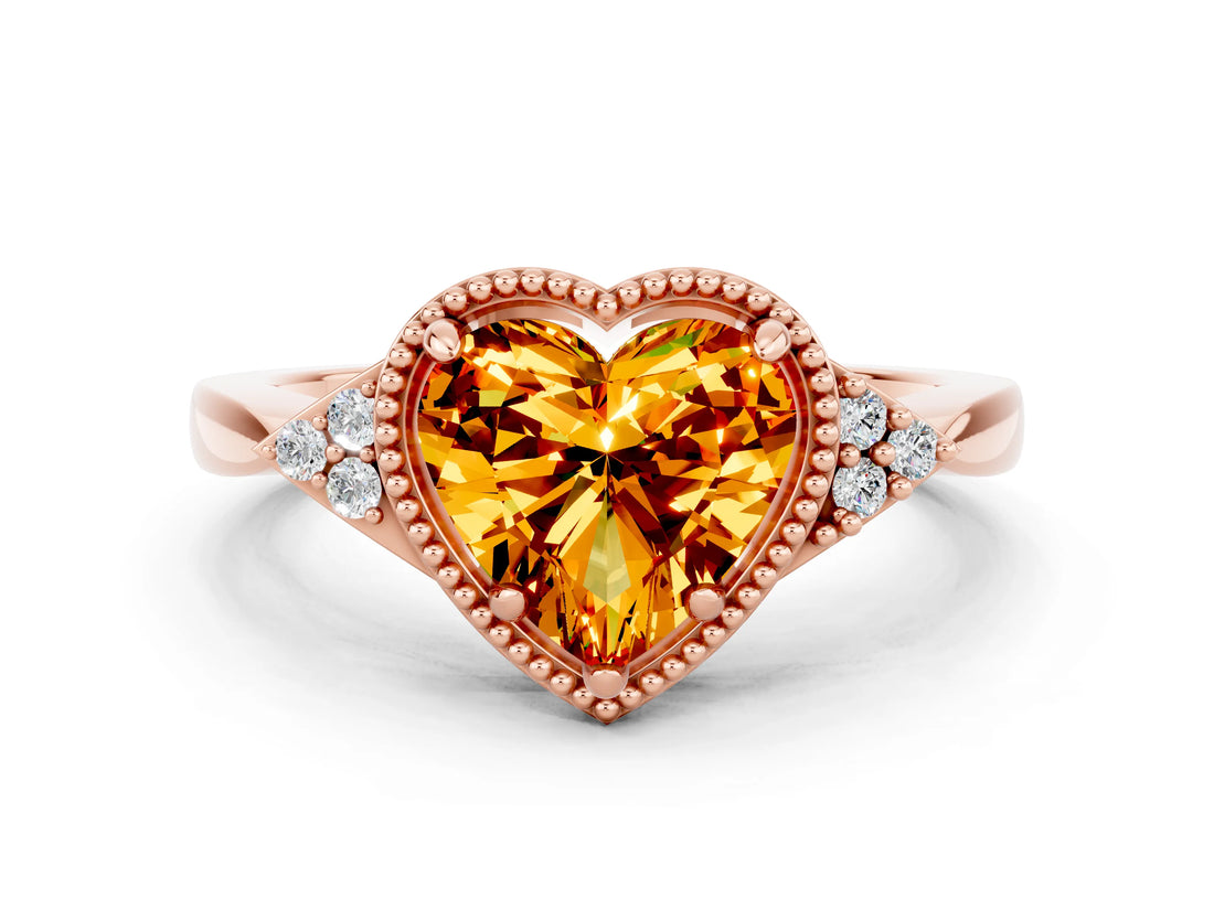 Rose gold Heart Cut Citrine Halo Ring with Tapered Band and Four-Prong Setting