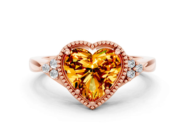 Rose gold Heart Cut Citrine Halo Ring with Tapered Band and Four-Prong Setting