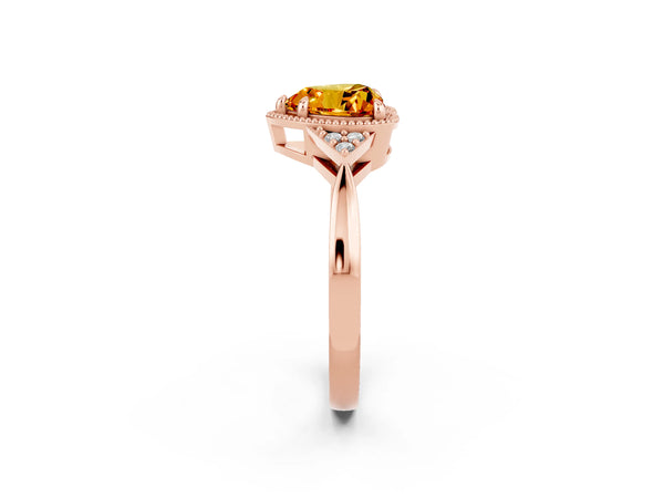 Rose gold Heart Cut Citrine Halo Ring with Tapered Band and Four-Prong Setting