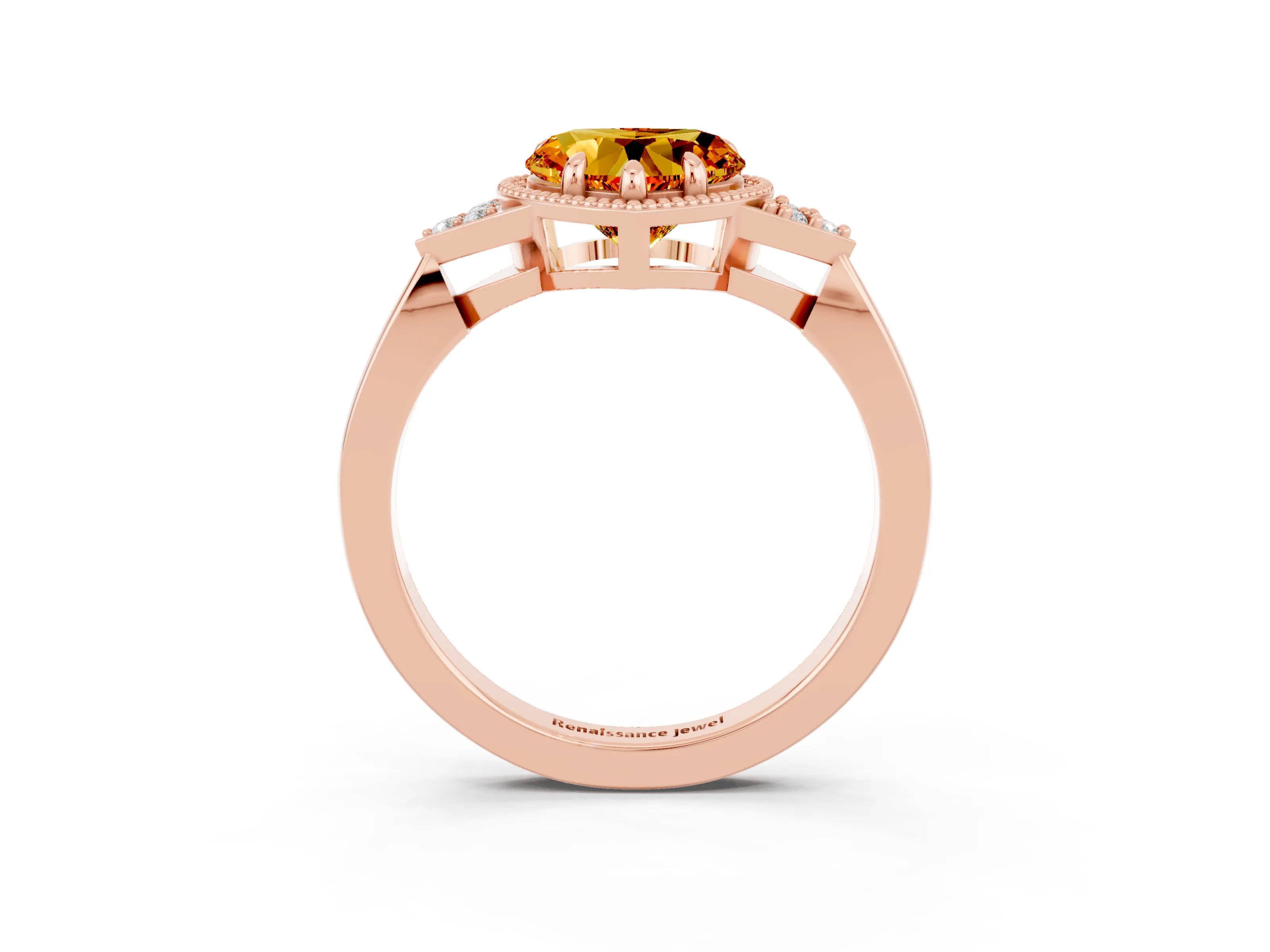 Rose gold Heart Cut Citrine Halo Ring with Tapered Band and Four-Prong Setting_3