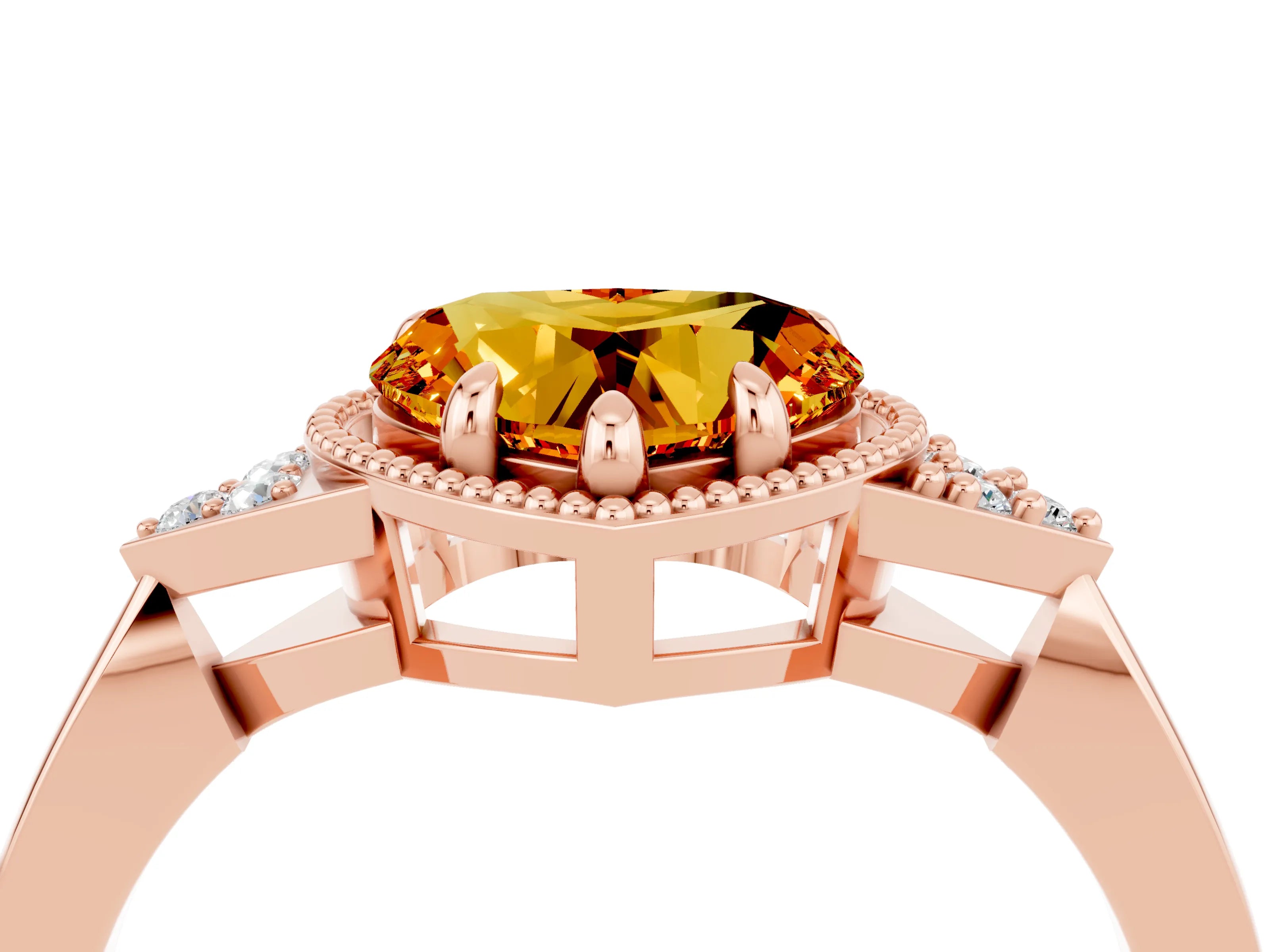 Rose gold Heart Cut Citrine Halo Ring with Tapered Band and Four-Prong Setting_4