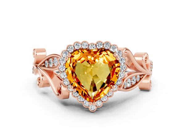Rose gold Heart Cut Citrine Halo Ring with Vintage Split Shank and Four-Prong Setting