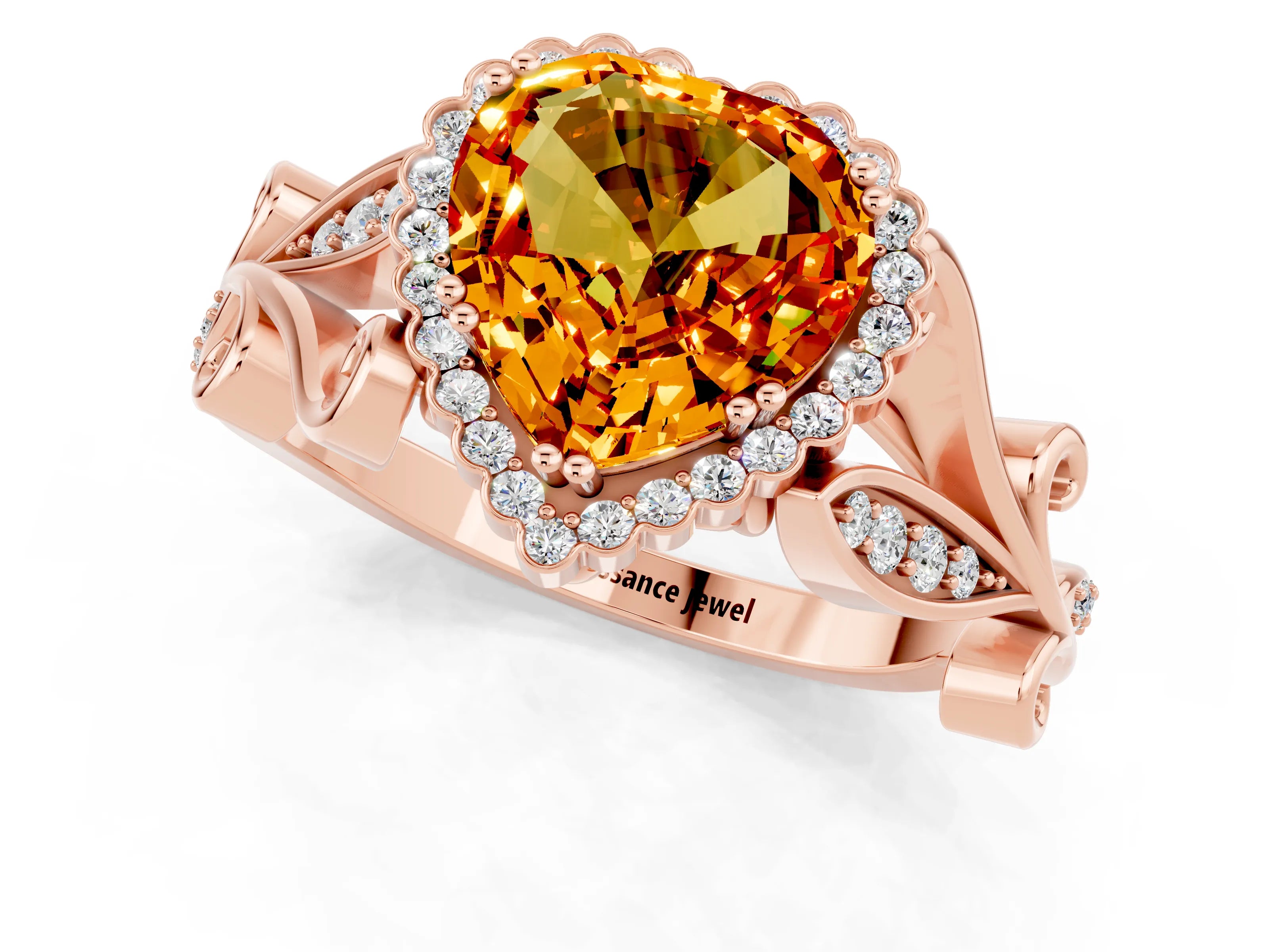 Rose gold Heart Cut Citrine Halo Ring with Vintage Split Shank and Four-Prong Setting_1