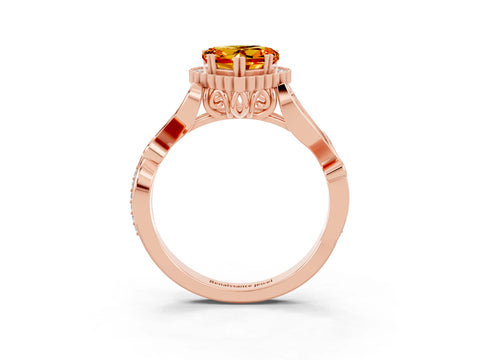 Rose gold Heart Cut Citrine Halo Ring with Vintage Split Shank and Four-Prong Setting_3