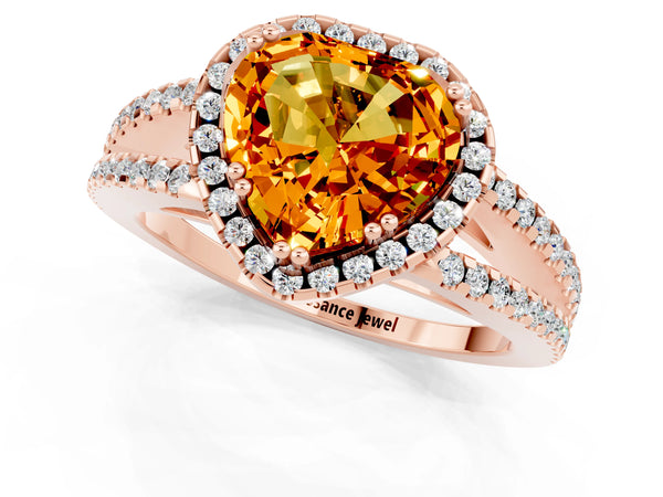 Rose gold Heart Cut Citrine Halo Split Shank Engagement Ring
