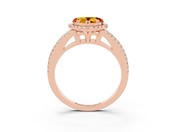 Rose gold Heart Cut Citrine Halo Split Shank Engagement Ring