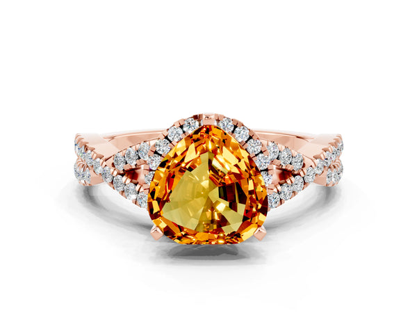 Rose gold Heart Cut Citrine  Halo Twist Band Solitaire Prong Setting Ring