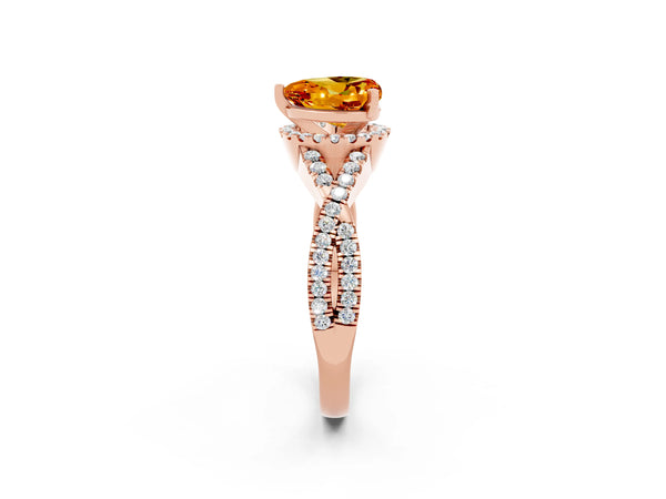 Rose gold Heart Cut Citrine  Halo Twist Band Solitaire Prong Setting Ring