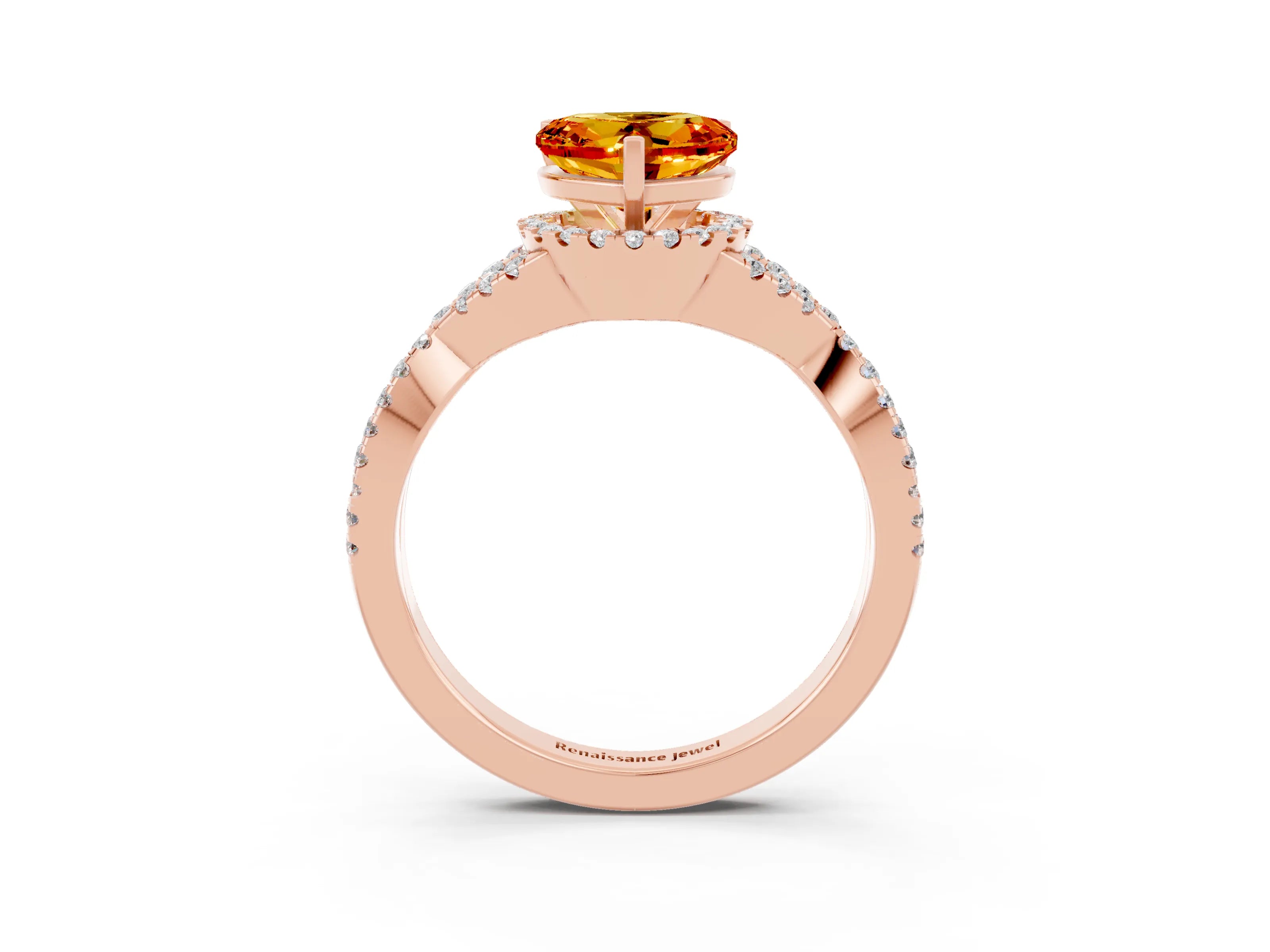 Rose gold Heart Cut Citrine Halo Twist Band Solitaire Prong Setting Ring_3