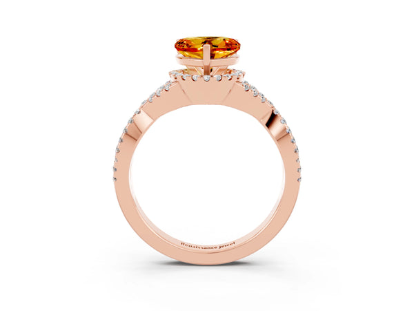 Rose gold Heart Cut Citrine  Halo Twist Band Solitaire Prong Setting Ring
