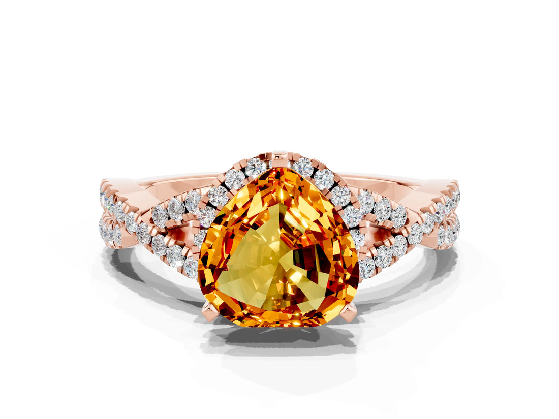 Rose gold Heart Cut Citrine  Halo Twist Band Solitaire Prong Setting Ring_36