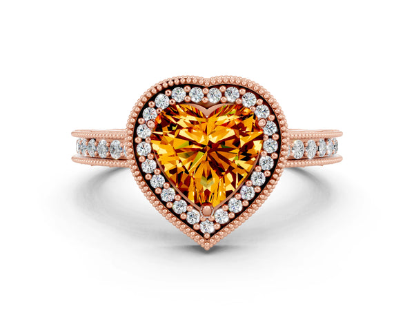 Rose gold Heart Cut Citrine Milgrain Halo Engagement Ring with Round Pavé Band and Prong Setting