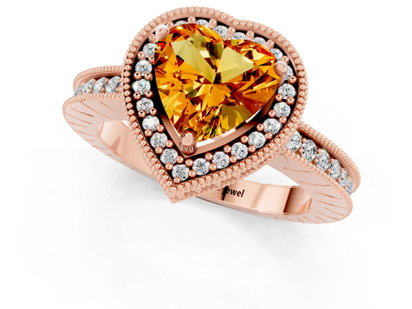 Rose gold Heart Cut Citrine Milgrain Halo Engagement Ring with Round Pavé Band and Prong Setting