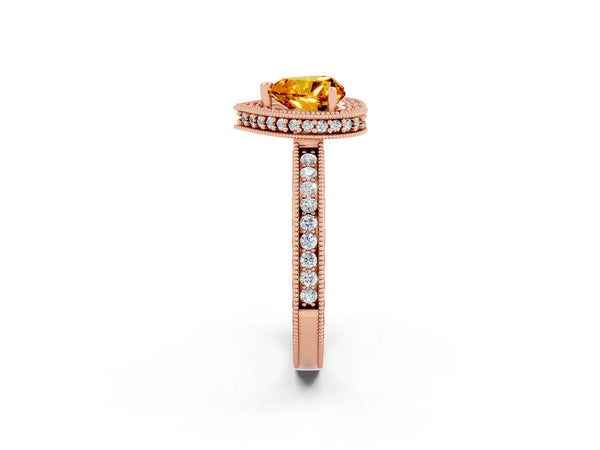 Rose gold Heart Cut Citrine Milgrain Halo Engagement Ring with Round Pavé Band and Prong Setting