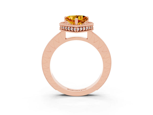 Rose gold Heart Cut Citrine Milgrain Halo Engagement Ring with Round Pavé Band and Prong Setting
