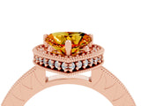 Rose gold Heart Cut Citrine Milgrain Halo Engagement Ring with Round Pavé Band and Prong Setting_16