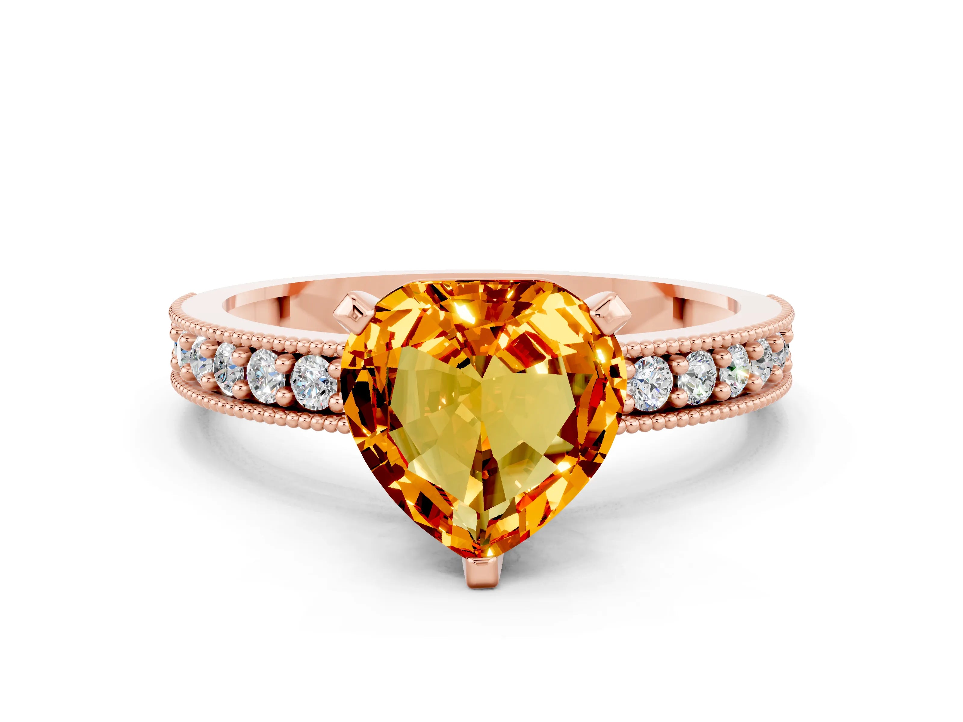 Rose gold Heart Cut Citrine Milgrain Pavé Engagement Ring with Four-Prong Setting_12