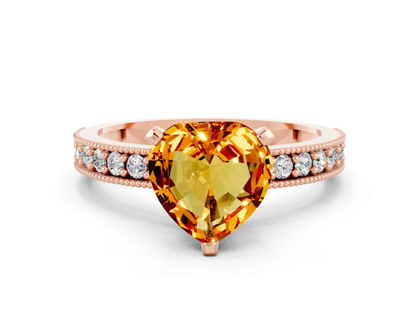 Rose gold Heart Cut Citrine Milgrain Pavé Engagement Ring with Four-Prong Setting