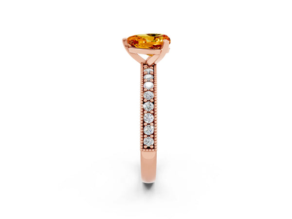 Rose gold Heart Cut Citrine Milgrain Pavé Engagement Ring with Four-Prong Setting