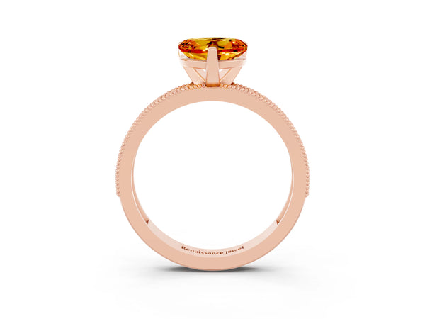 Rose gold Heart Cut Citrine Milgrain Pavé Engagement Ring with Four-Prong Setting