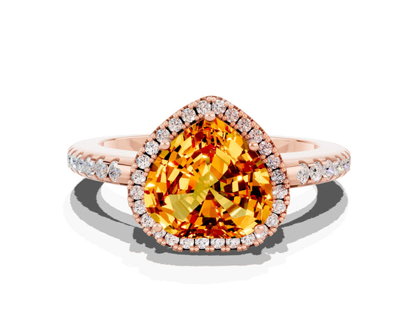 Rose gold Heart Cut Citrine Pavé Halo Ring with Four-Prong Setting