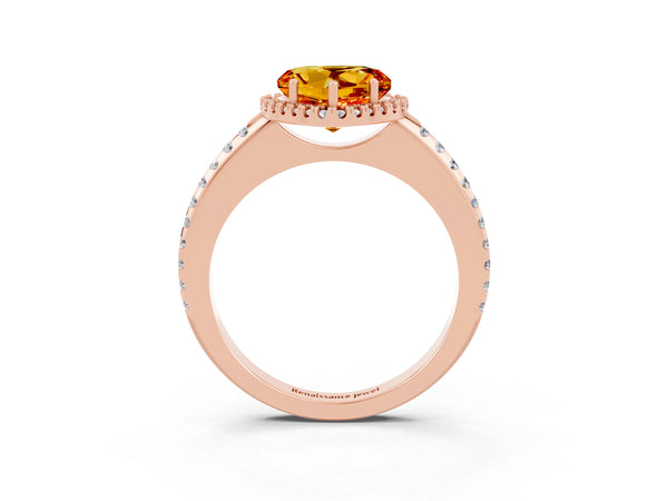 Rose gold Heart Cut Citrine Pavé Halo Ring with Four-Prong Setting
