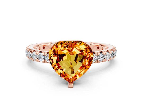 Rose gold Heart Cut Citrine Pavé Solitaire Ring with Round Band and Prong Setting