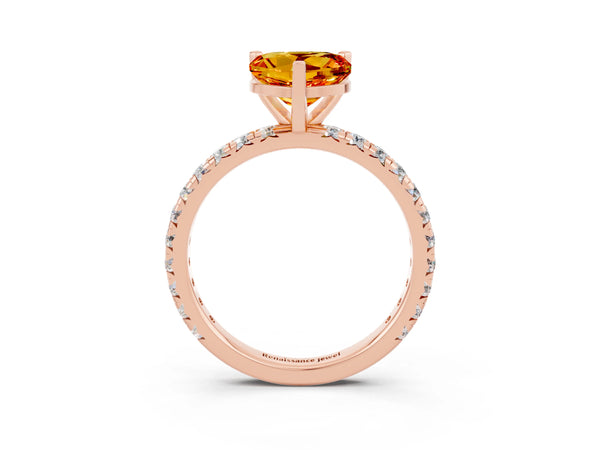 Rose gold Heart Cut Citrine Pavé Solitaire Ring with Round Band and Prong Setting