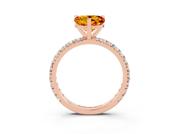 Rose gold Heart Cut Citrine Pavé Solitaire Ring with Round Band and Prong Setting