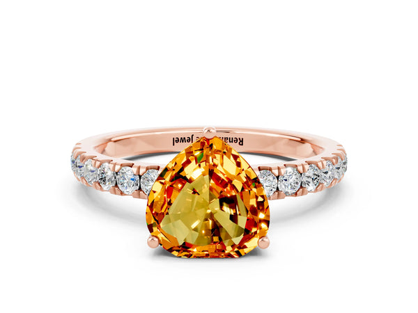 Rose gold Heart Cut Citrine Pave Band Solitaire Ring with Round  and Prong Setting