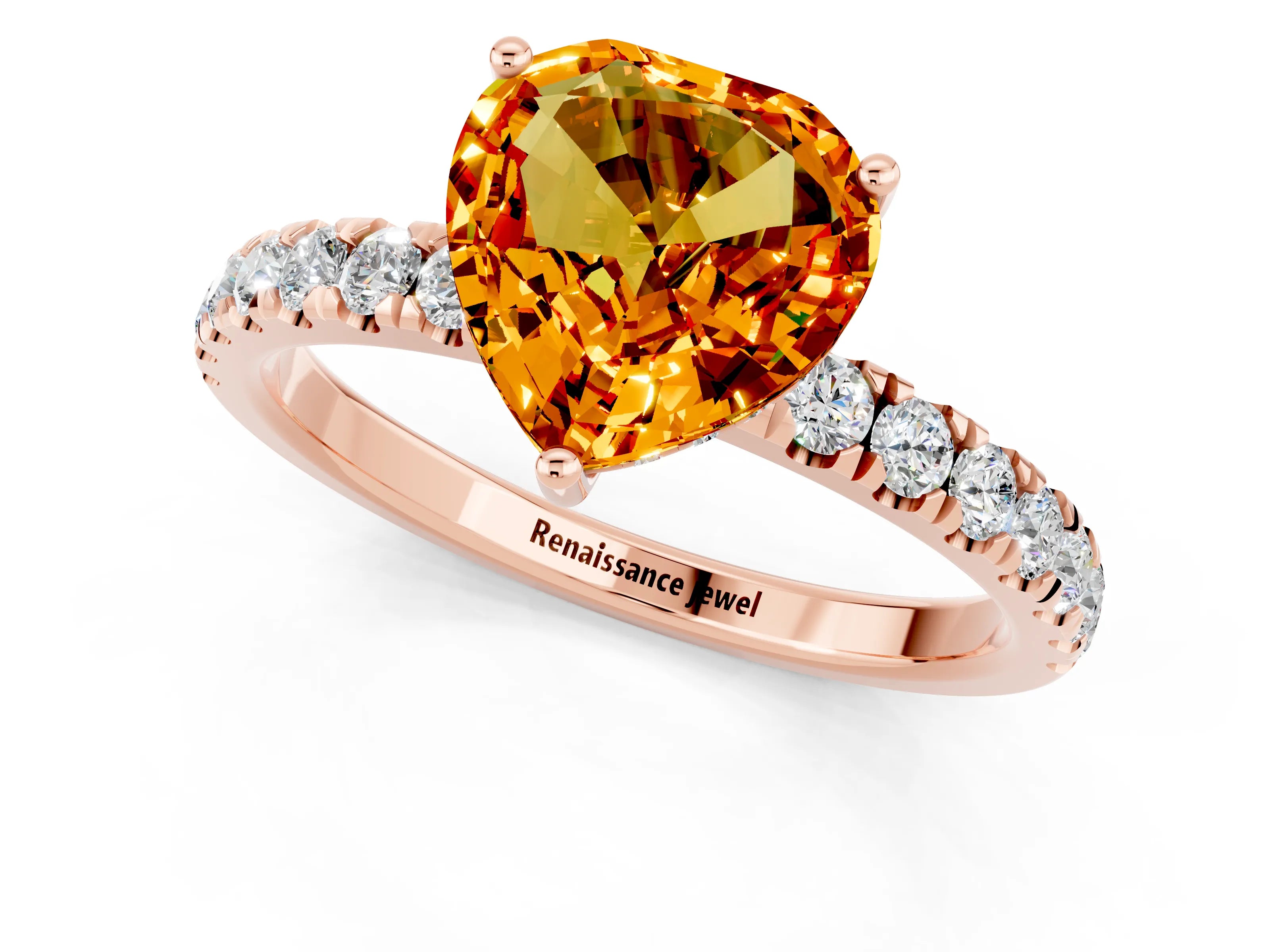 Rose gold Heart Cut Citrine Pave Band Solitaire Ring with Four-Prong Setting_25