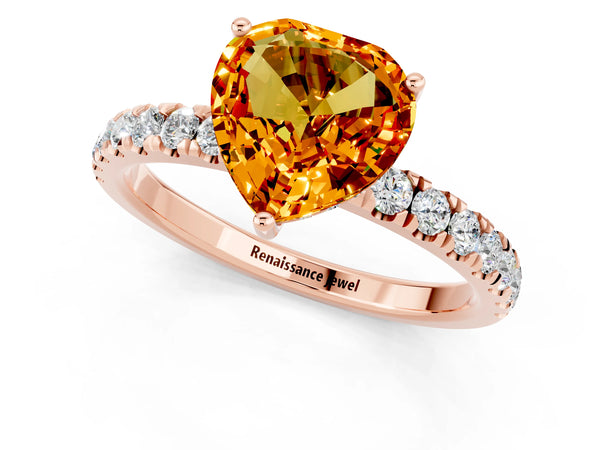 Rose gold Heart Cut Citrine Pave Band Solitaire Ring with Round  and Prong Setting