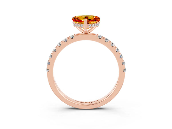 Rose gold Heart Cut Citrine Pave Band Solitaire Ring with Round  and Prong Setting