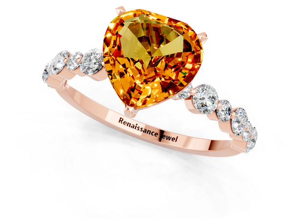 Rose gold Heart Cut Citrine Prong Set Engagement Ring with Pavé Band